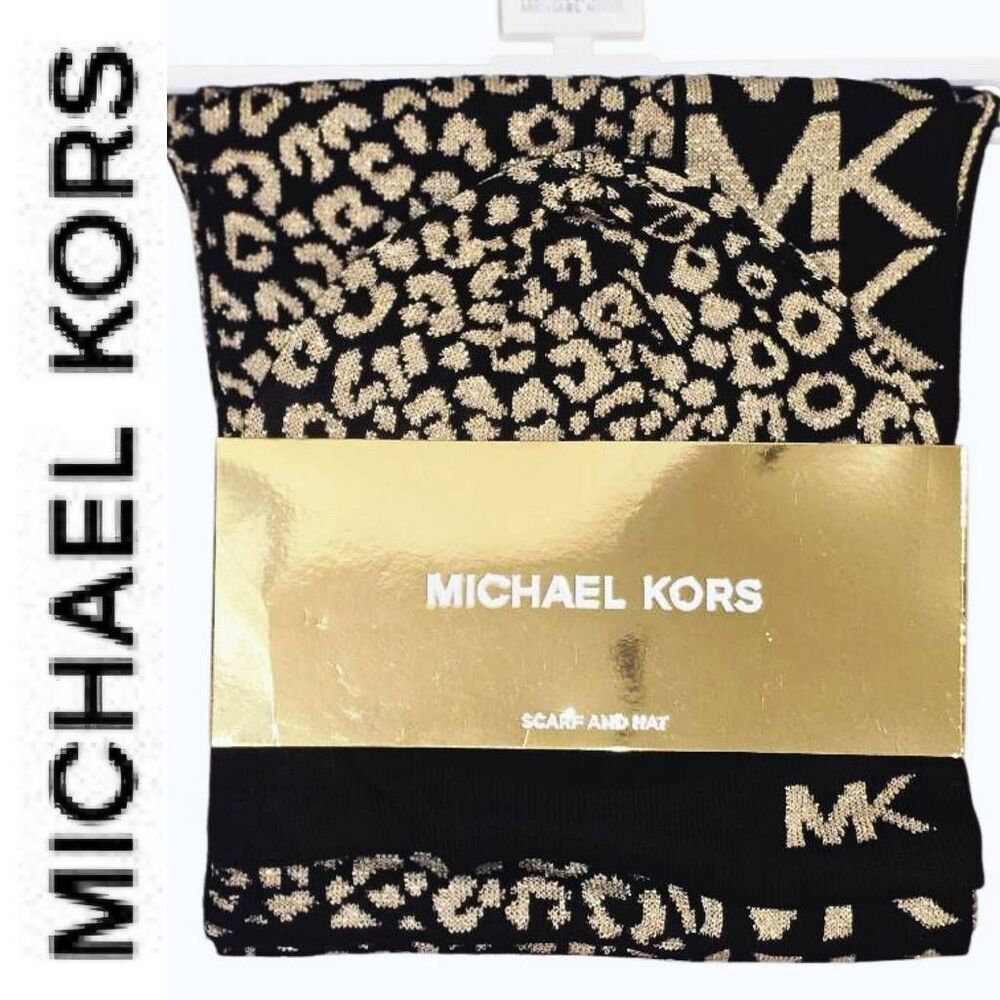 Michael Kors Metallic Leopord Logo Scarf & Beanie Hat Set